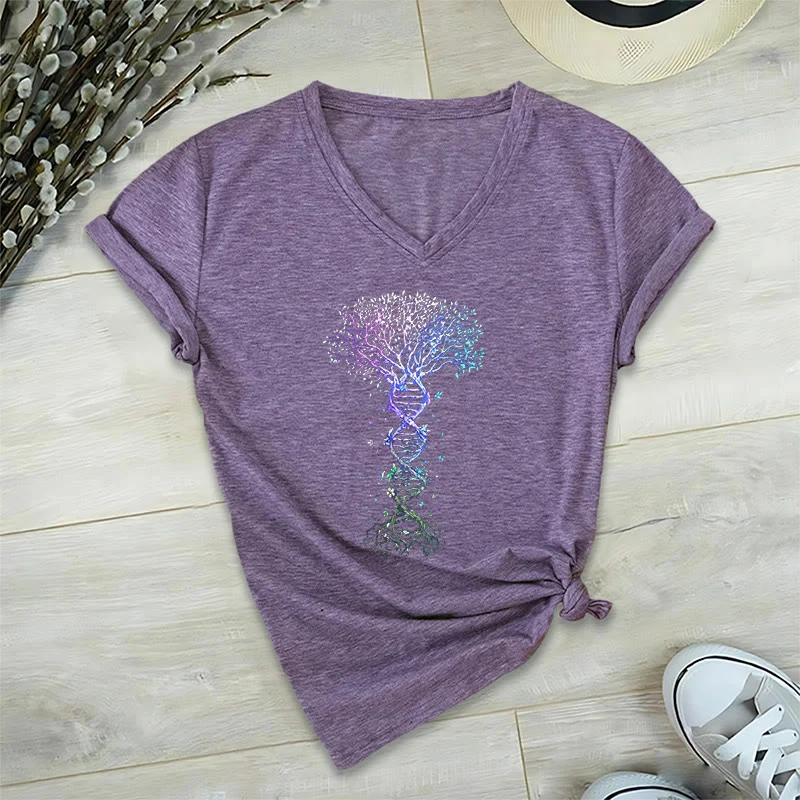 Olivenorma Boho Farbverlauf DNA Baum Lebens Kunstdruck Damen V-Ausschnitt T-Shirt