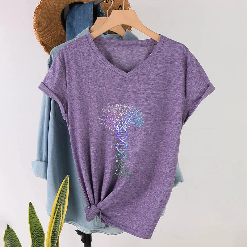 Olivenorma Boho Farbverlauf DNA Baum Lebens Kunstdruck Damen V-Ausschnitt T-Shirt