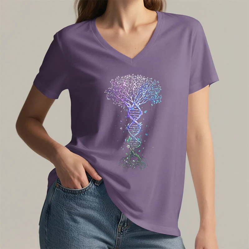Olivenorma Boho Farbverlauf DNA Baum Lebens Kunstdruck Damen V-Ausschnitt T-Shirt