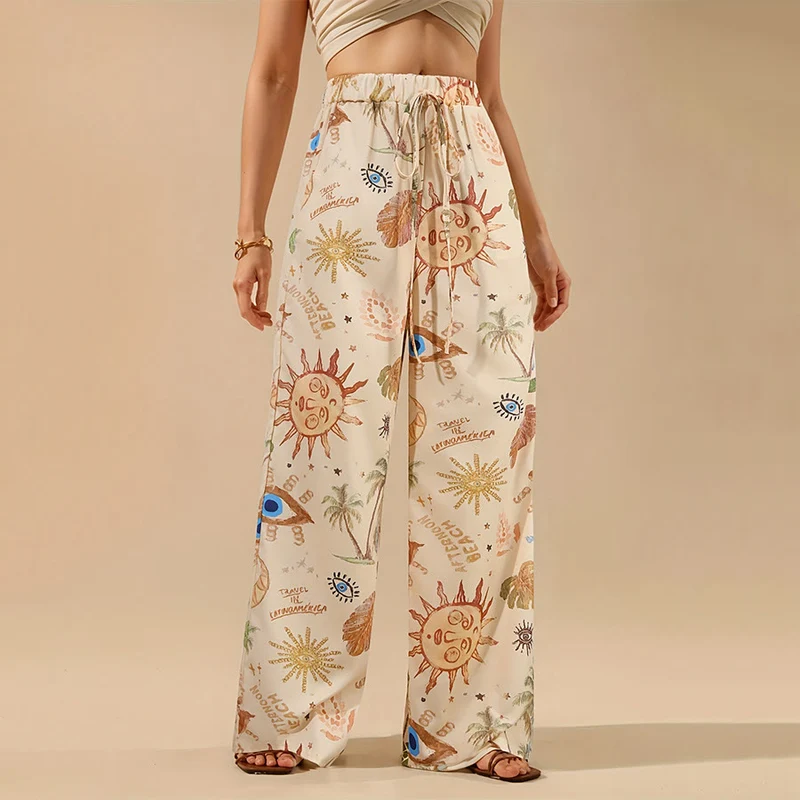 Olivenorma Boho Hose mit Sonnen-, Nazar-Blick- und Palmenprint, weitem Bein und Kordelzug für Damen