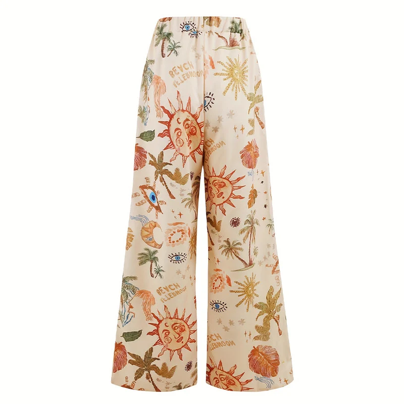 Olivenorma Boho Hose mit Sonnen-, Nazar-Blick- und Palmenprint, weitem Bein und Kordelzug für Damen