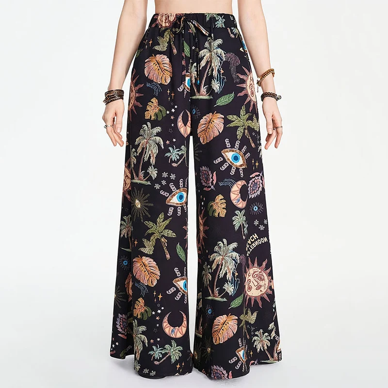 Olivenorma Boho Hose mit Sonnen-, Nazar-Blick- und Palmenprint, weitem Bein und Kordelzug für Damen