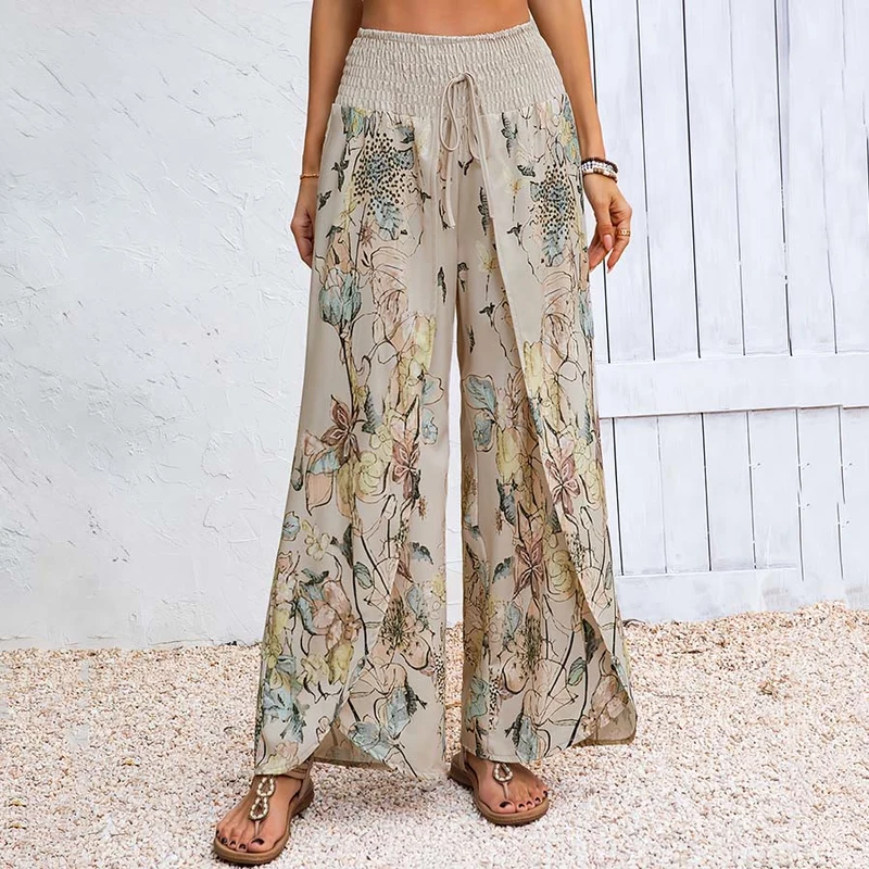 Olivenorma Damenhose mit Aquarell-Blumenmuster, gerafftem Bund, doppeltem Schlitz und weitem Bein