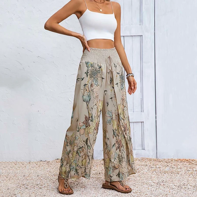Olivenorma Damenhose mit Aquarell-Blumenmuster, gerafftem Bund, doppeltem Schlitz und weitem Bein