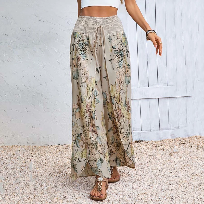 Olivenorma Damenhose mit Aquarell-Blumenmuster, gerafftem Bund, doppeltem Schlitz und weitem Bein