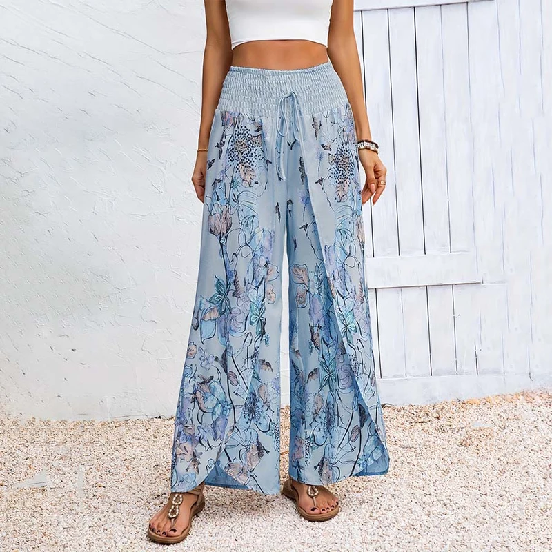Olivenorma Damenhose mit Aquarell-Blumenmuster, gerafftem Bund, doppeltem Schlitz und weitem Bein