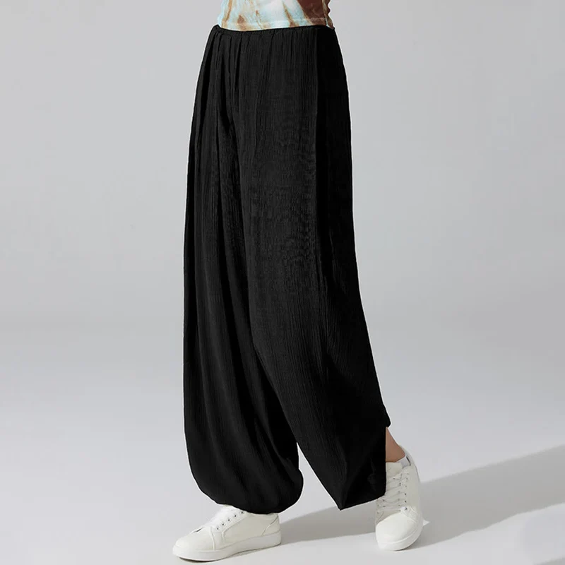 Olivenorma High Waist Elastic Waistband Crinkle Texture Loose Harem Yoga Pants Women's Pants