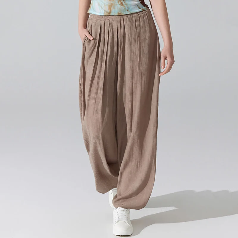Olivenorma High Waist Elastic Waistband Crinkle Texture Loose Harem Yoga Pants Women's Pants