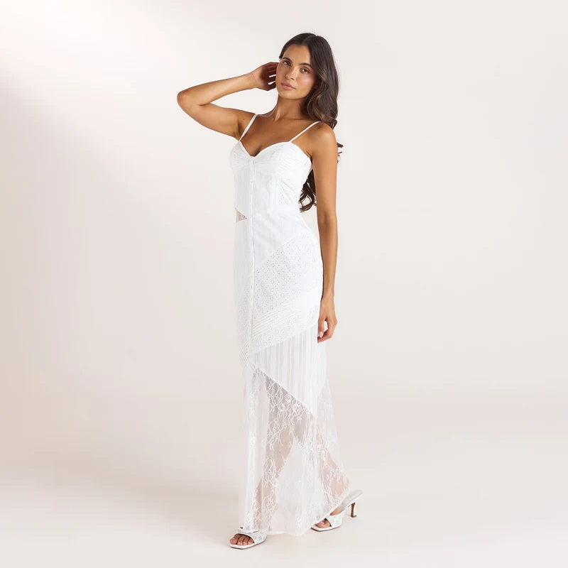 Maxikleid mit Stickerei und Spitze - Weiß