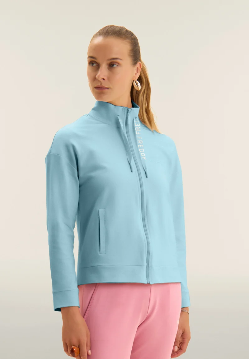 High-necked zip sweatshirt with asymmetrical bottom - Milky Blue