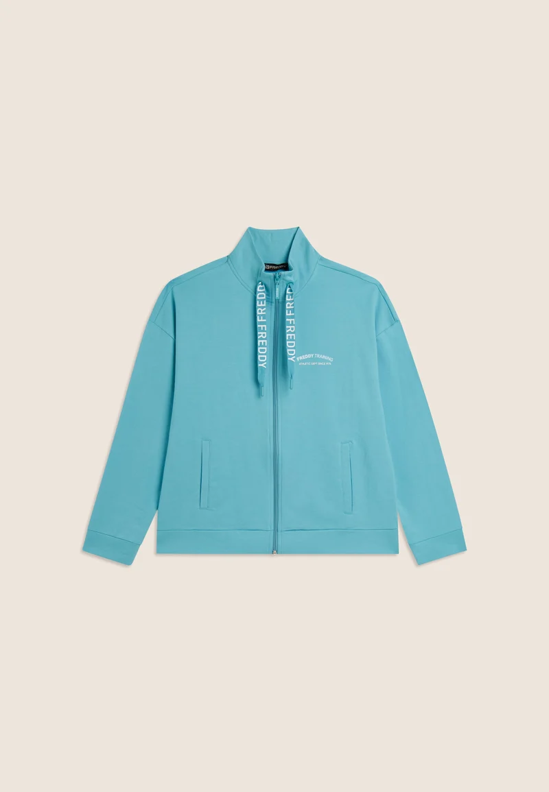 High-necked zip sweatshirt with asymmetrical bottom - Milky Blue