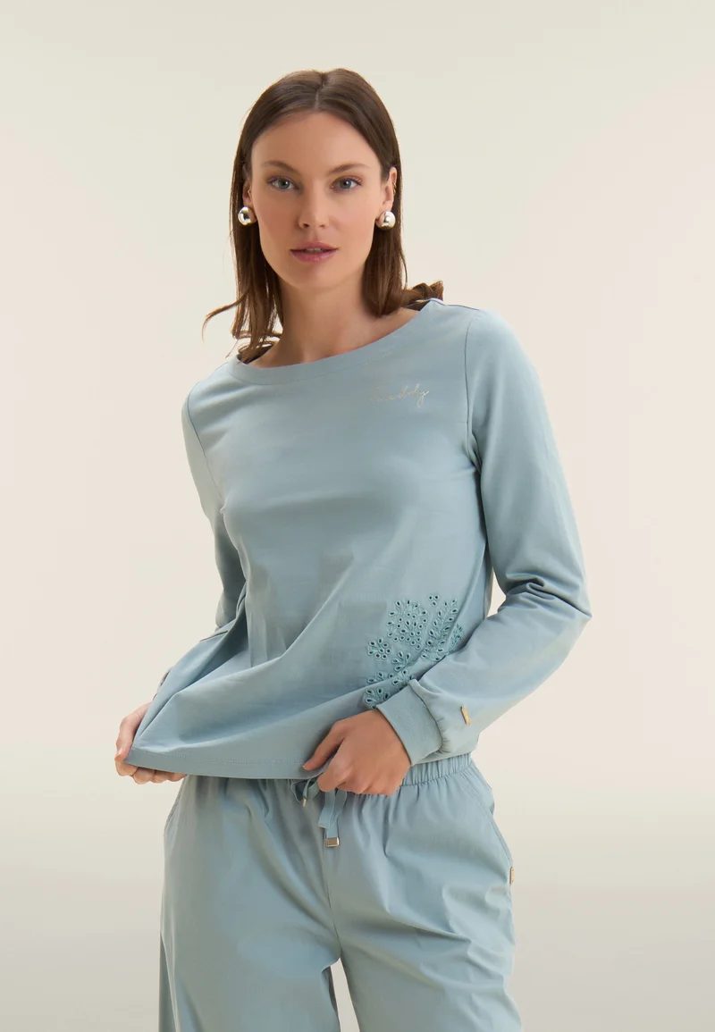 Crew neck sweatshirt with floral embroidery - Arona Blue