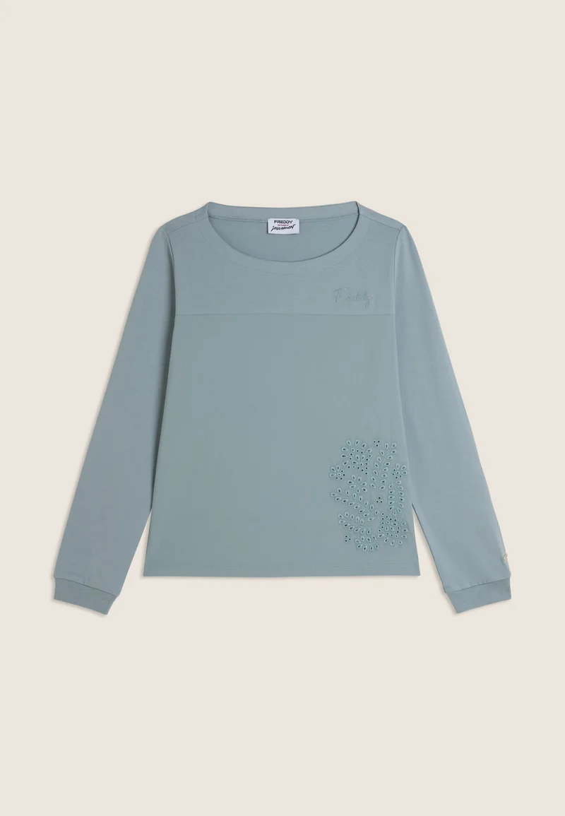 Crew neck sweatshirt with floral embroidery - Arona Blue