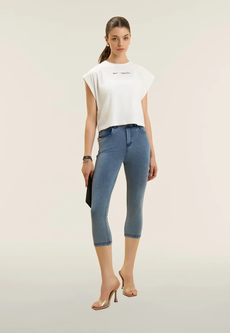 Short-sleeved t-shirt, cropped, with MST FREDDY prints - Optical White