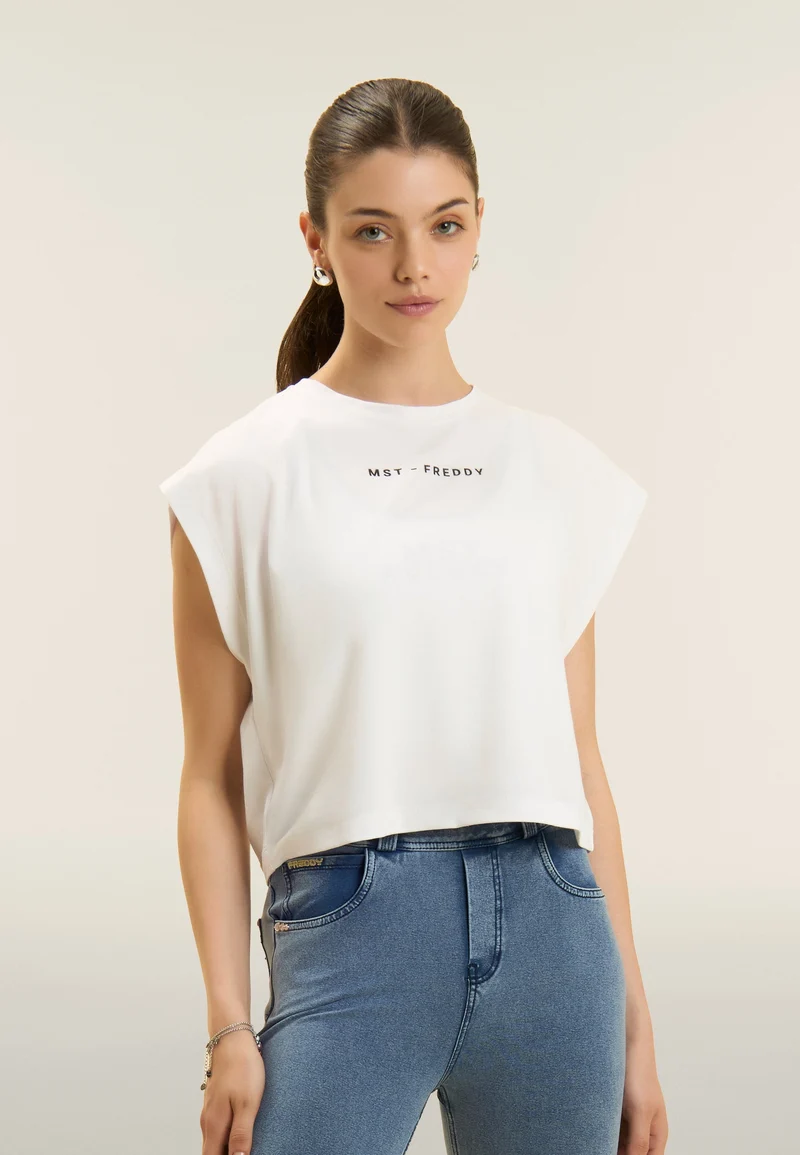 Short-sleeved t-shirt, cropped, with MST FREDDY prints - Optical White