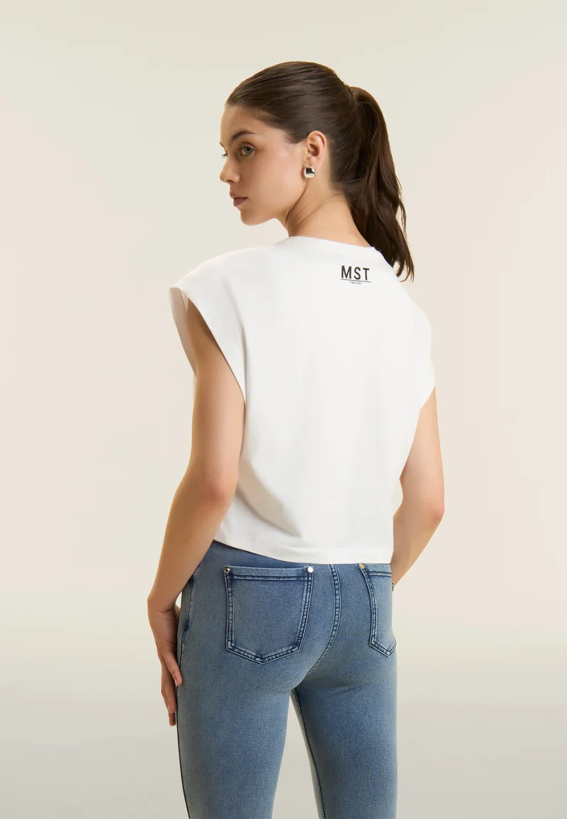 Short-sleeved t-shirt, cropped, with MST FREDDY prints - Optical White
