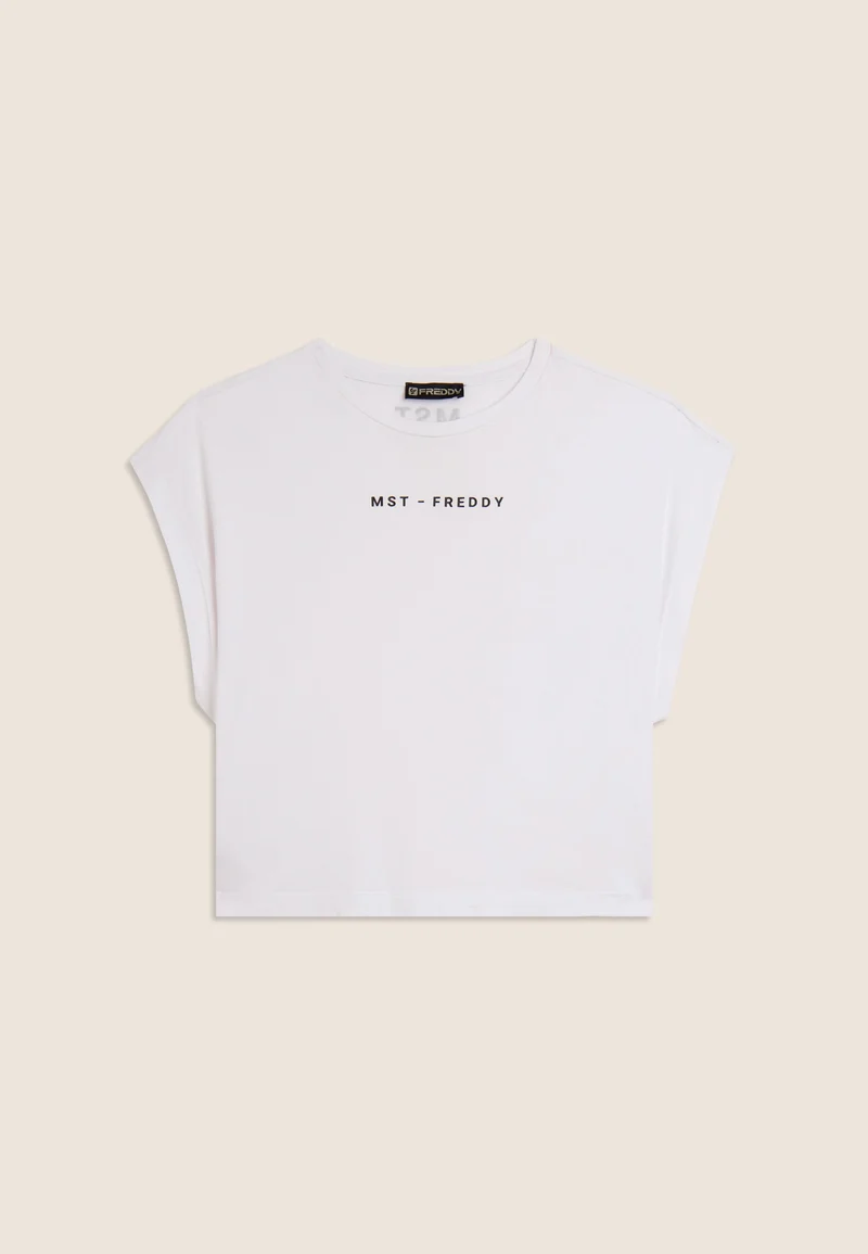 Short-sleeved t-shirt, cropped, with MST FREDDY prints - Optical White