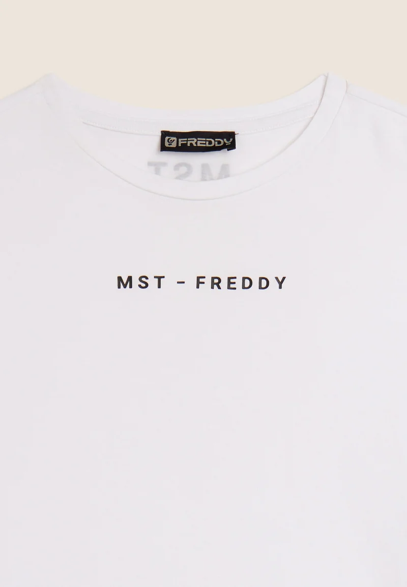 Short-sleeved t-shirt, cropped, with MST FREDDY prints - Optical White