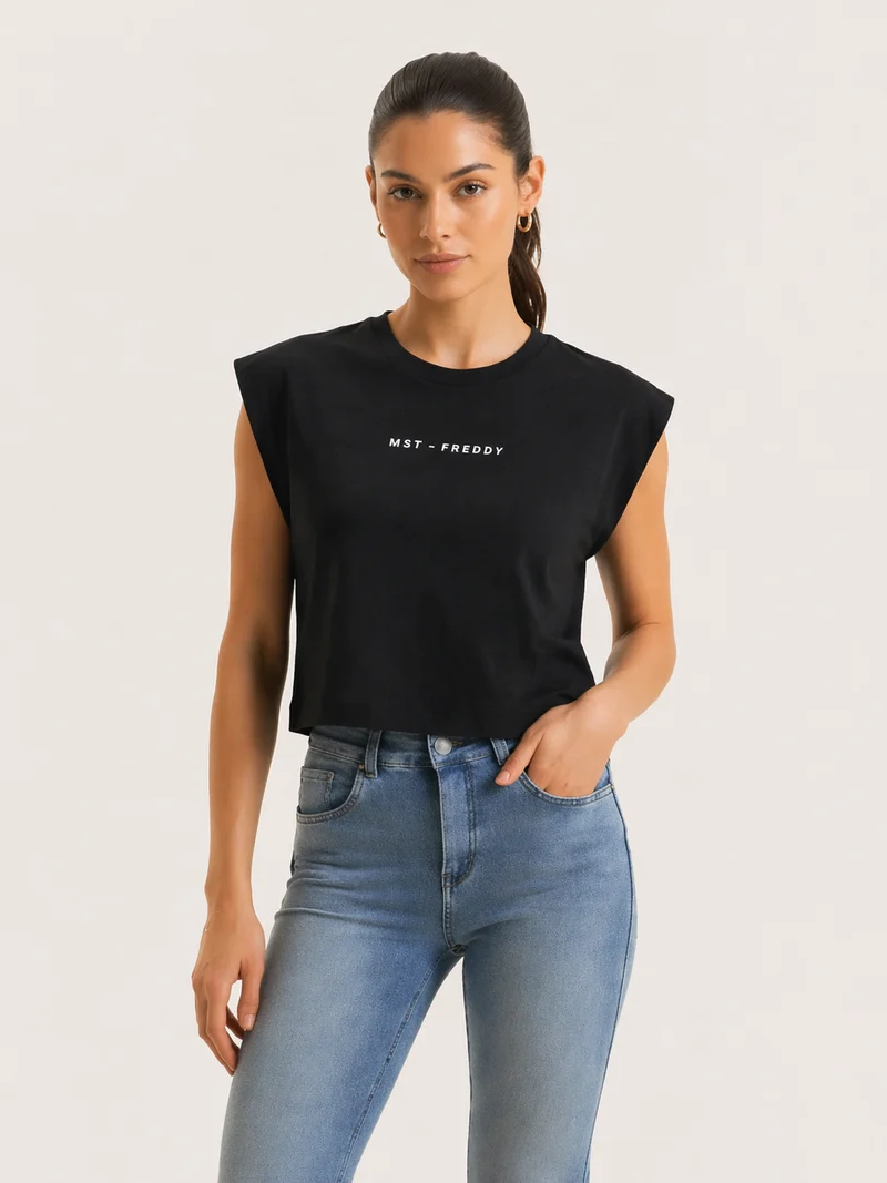 Short-sleeved t-shirt, cropped, with MST FREDDY prints - Black
