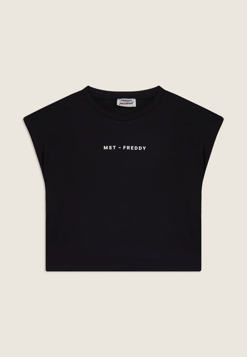 Short-sleeved t-shirt, cropped, with MST FREDDY prints - Black