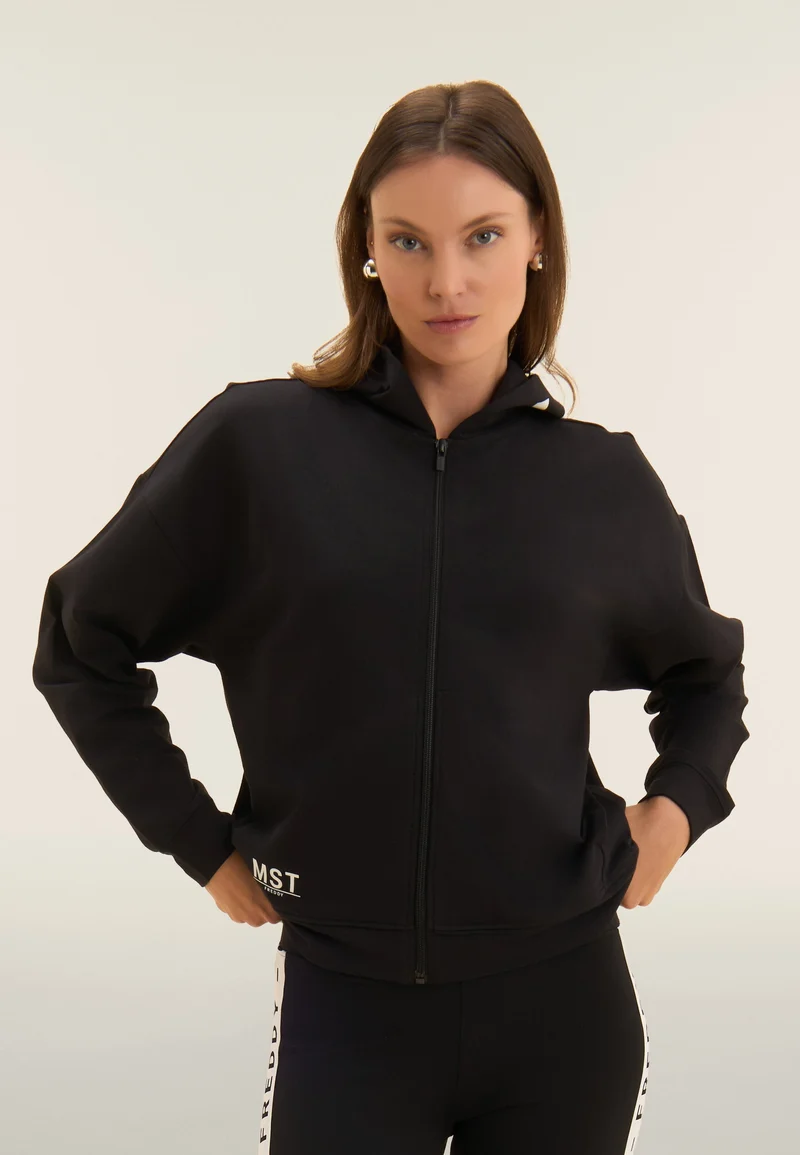 Cropped zip hoodie with MST print - Black