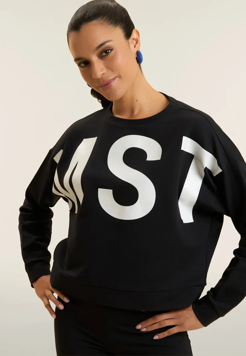 Cropped crew neck sweatshirt with MST maxi print - Black