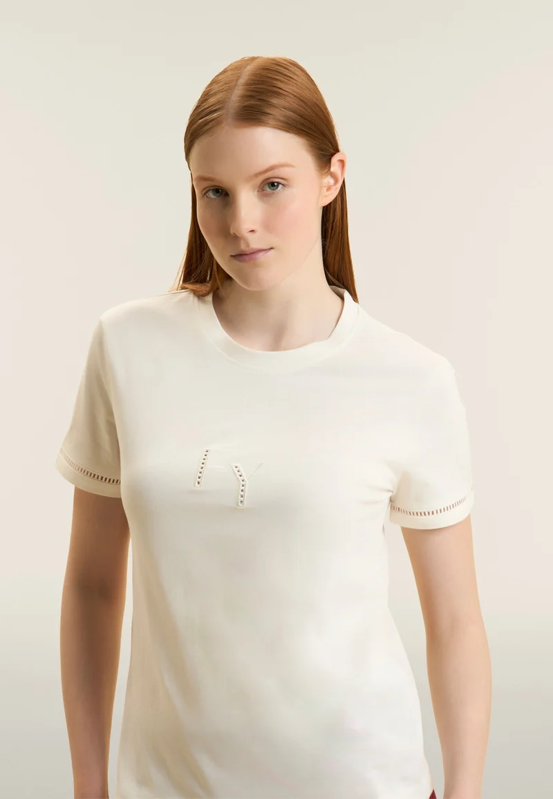 Crew neck t-shirt with perforated logo embroidery - Egret White
