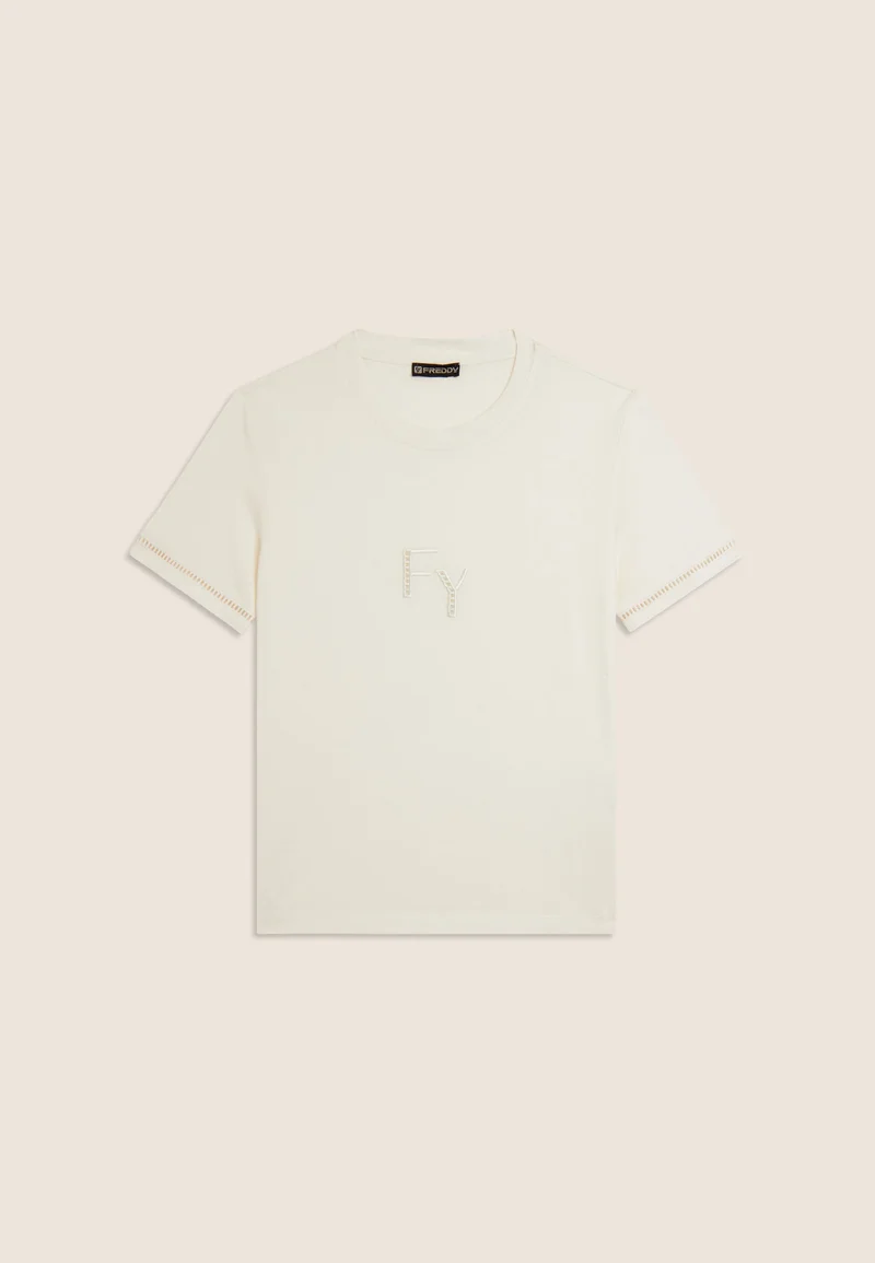 Crew neck t-shirt with perforated logo embroidery - Egret White
