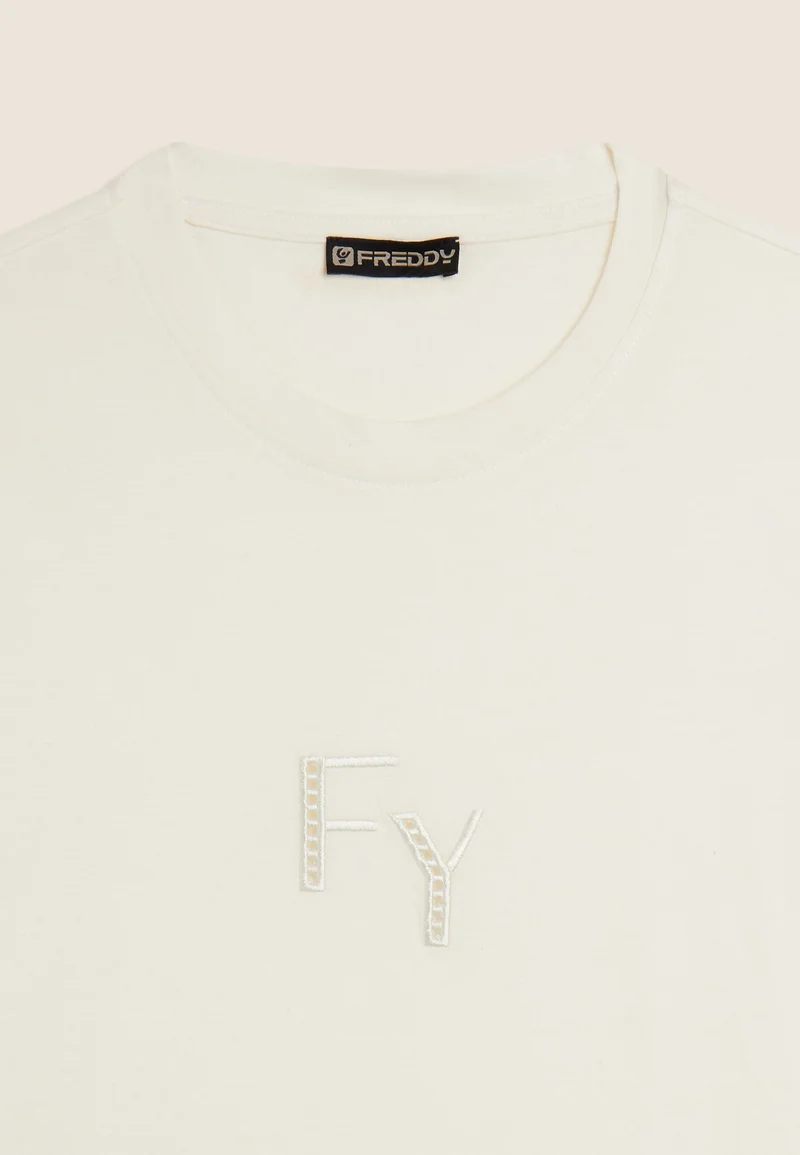 Crew neck t-shirt with perforated logo embroidery - Egret White