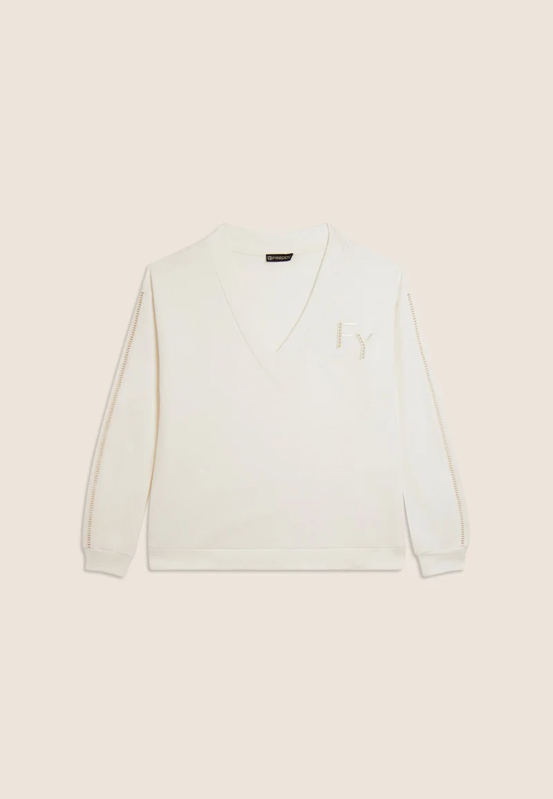 V-neck sweatshirt with dropped shoulder and embroidered details - Egret White