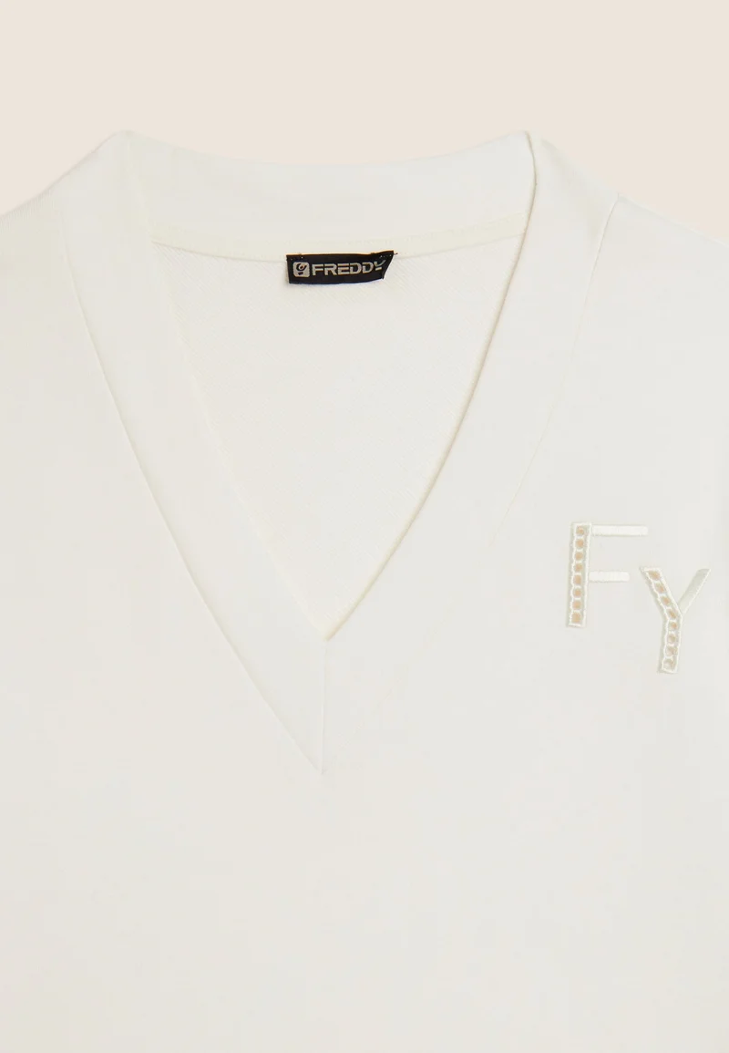 V-neck sweatshirt with dropped shoulder and embroidered details - Egret White