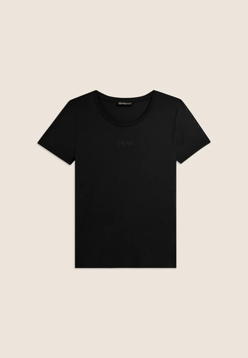 Short sleeve t-shirt with cut out detail and rhinestones - Black