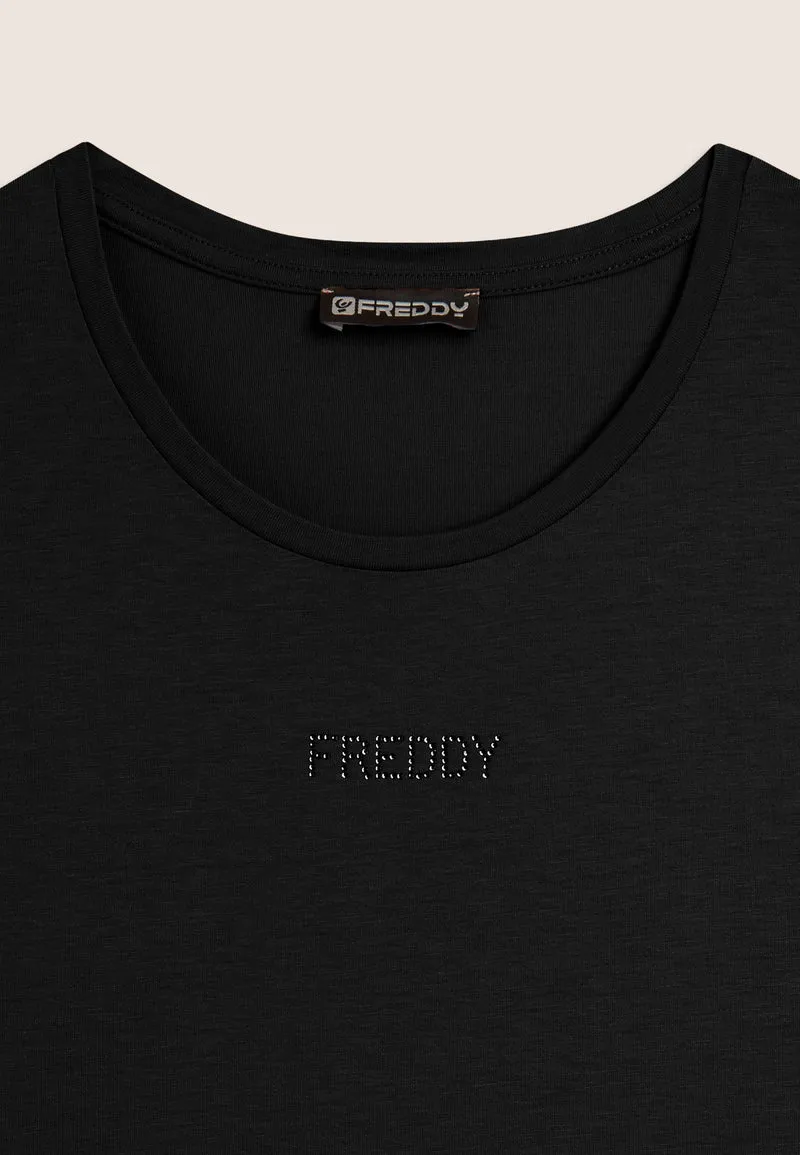 Short sleeve t-shirt with cut out detail and rhinestones - Black