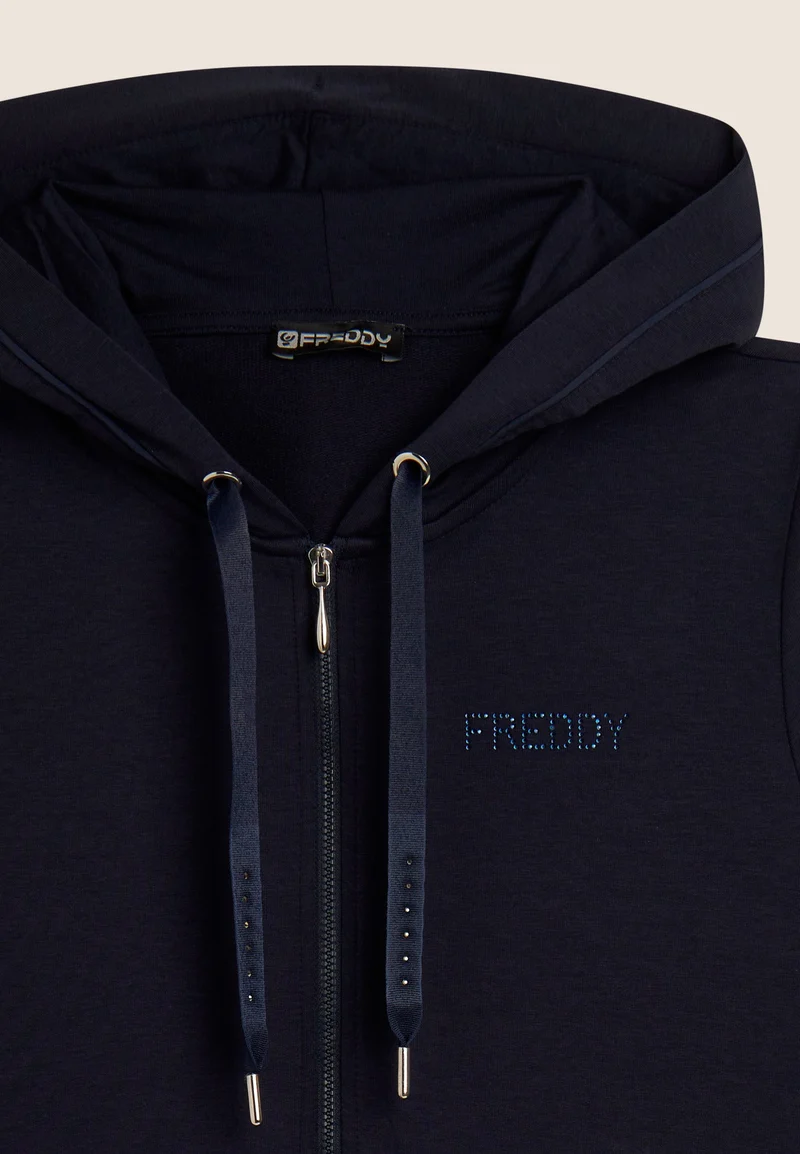 Zip hoodie with FREDDY logo in rhinestones - Dark Sapphire Blue