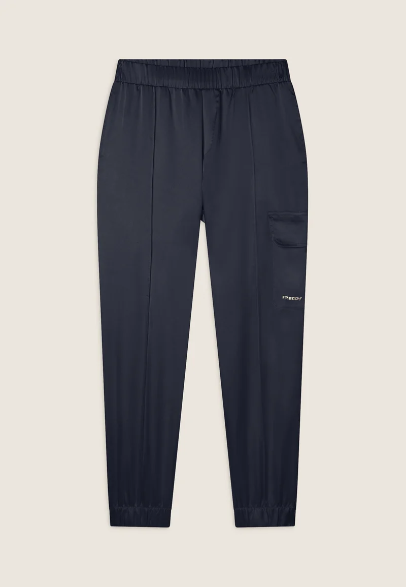 Silk-effect cargo trousers with elasticated bottom - Dark Sapphire Blue
