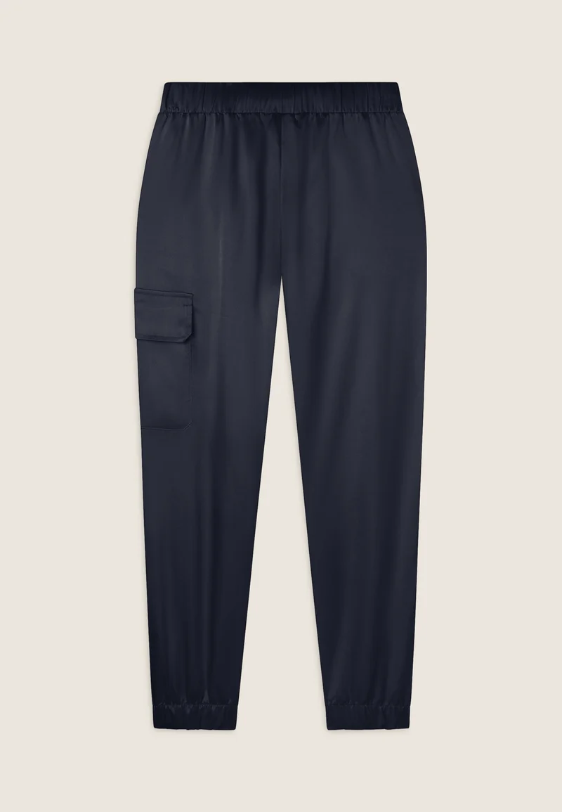 Silk-effect cargo trousers with elasticated bottom - Dark Sapphire Blue