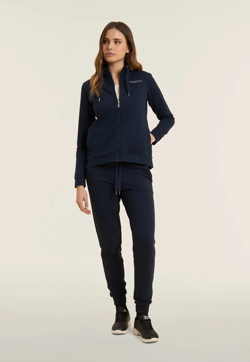 Athletic trousers with ribbed cuffs and rhinestones - Dark Sapphire Blue