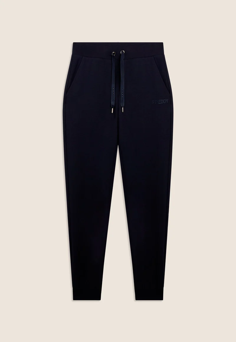 Athletic trousers with ribbed cuffs and rhinestones - Dark Sapphire Blue