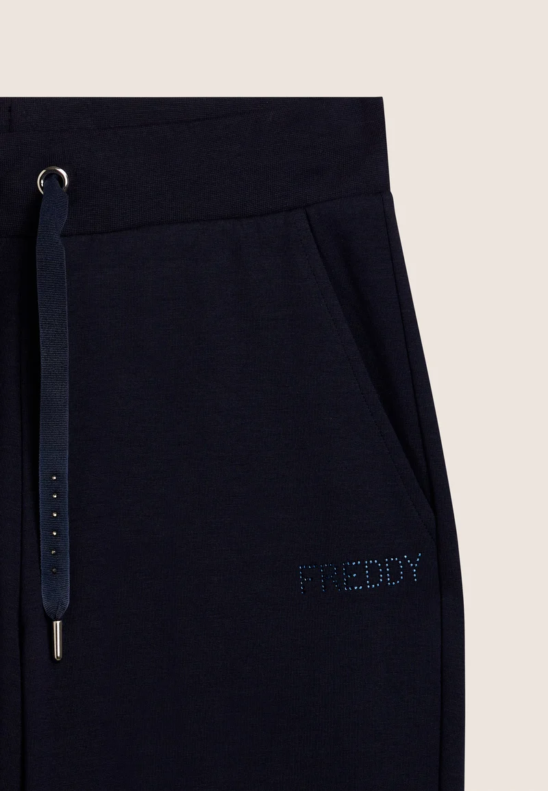 Athletic trousers with ribbed cuffs and rhinestones - Dark Sapphire Blue