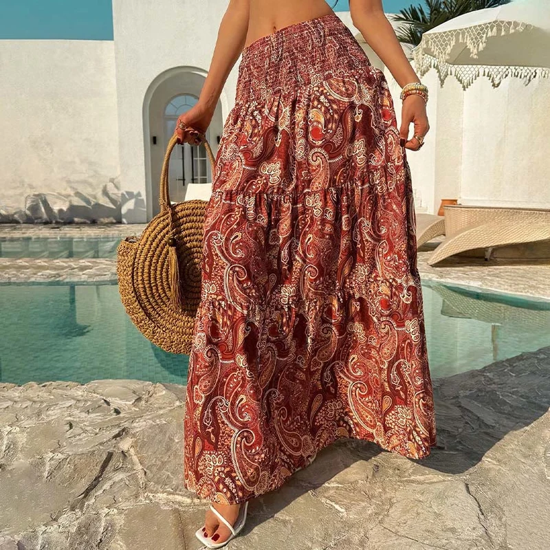Olivenorma Resort Paisley Print High Waist Tiered Maxi Damenkleid