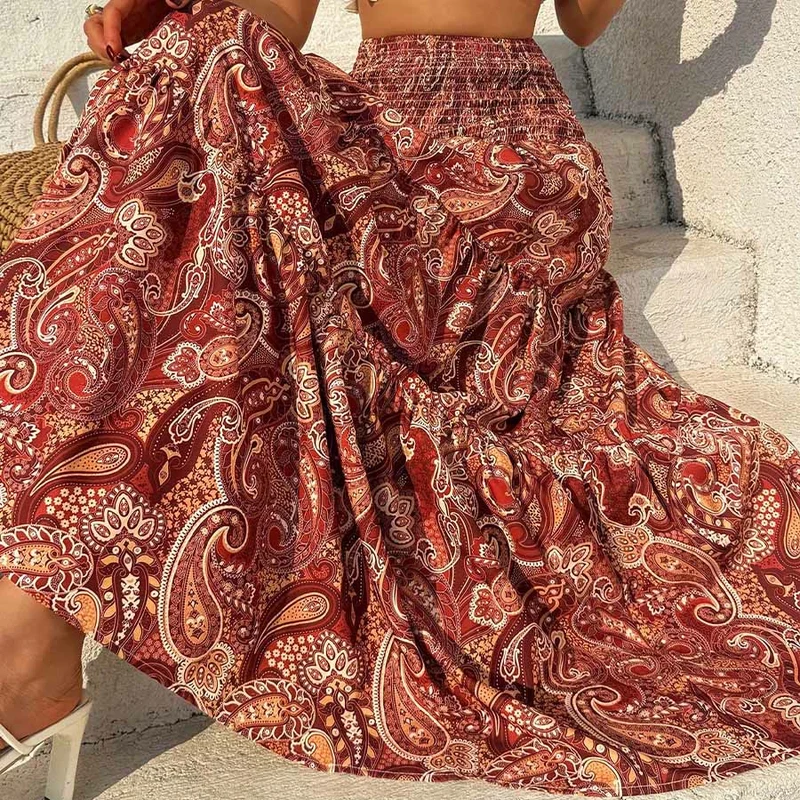 Olivenorma Resort Paisley Print High Waist Tiered Maxi Damenkleid