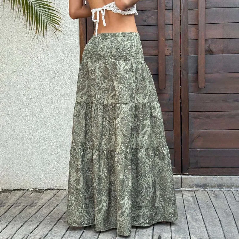 Olivenorma Resort Paisley Print High Waist Tiered Maxi Damenkleid