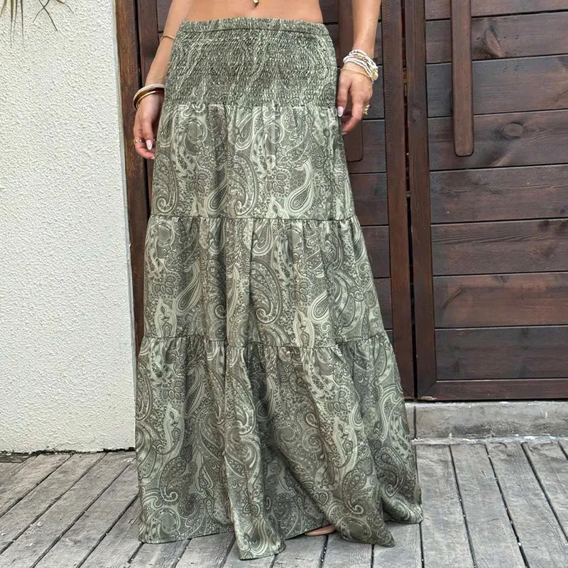Olivenorma Resort Paisley Print High Waist Tiered Maxi Damenkleid