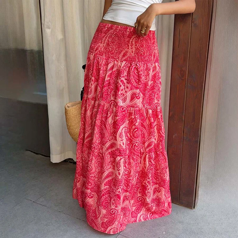 Olivenorma Resort Paisley Print High Waist Tiered Maxi Damenkleid