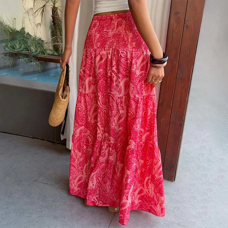 Olivenorma Resort Paisley Print High Waist Tiered Maxi Damenkleid