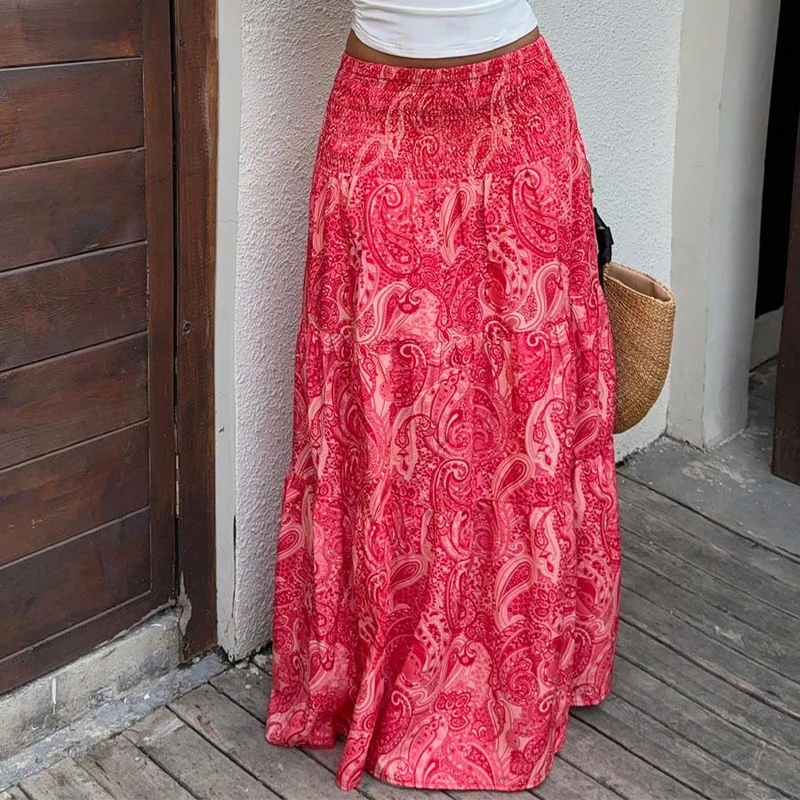Olivenorma Resort Paisley Print High Waist Tiered Maxi Damenkleid