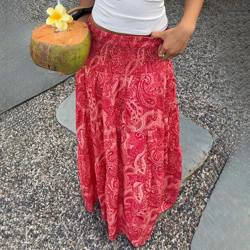 Olivenorma Resort Paisley Print High Waist Tiered Maxi Damenkleid