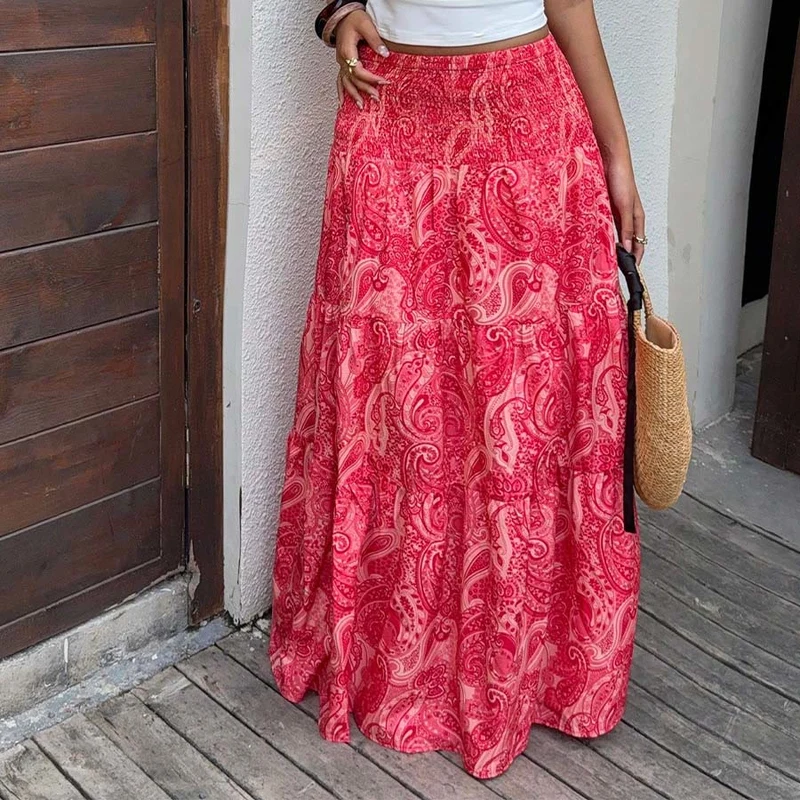 Olivenorma Resort Paisley Print High Waist Tiered Maxi Damenkleid
