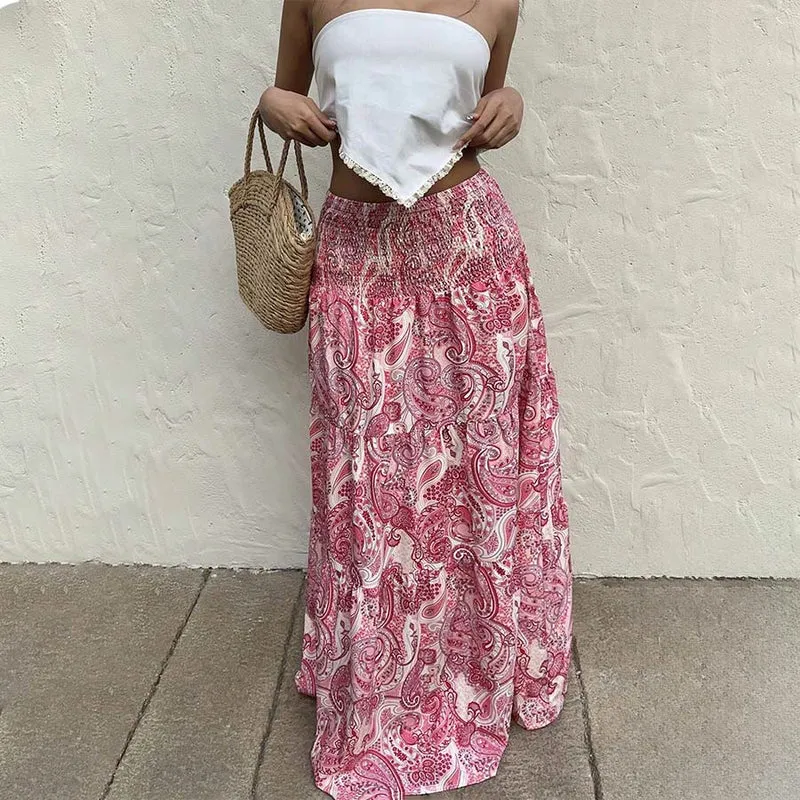 Olivenorma Resort Paisley Print High Waist Tiered Maxi Damenkleid