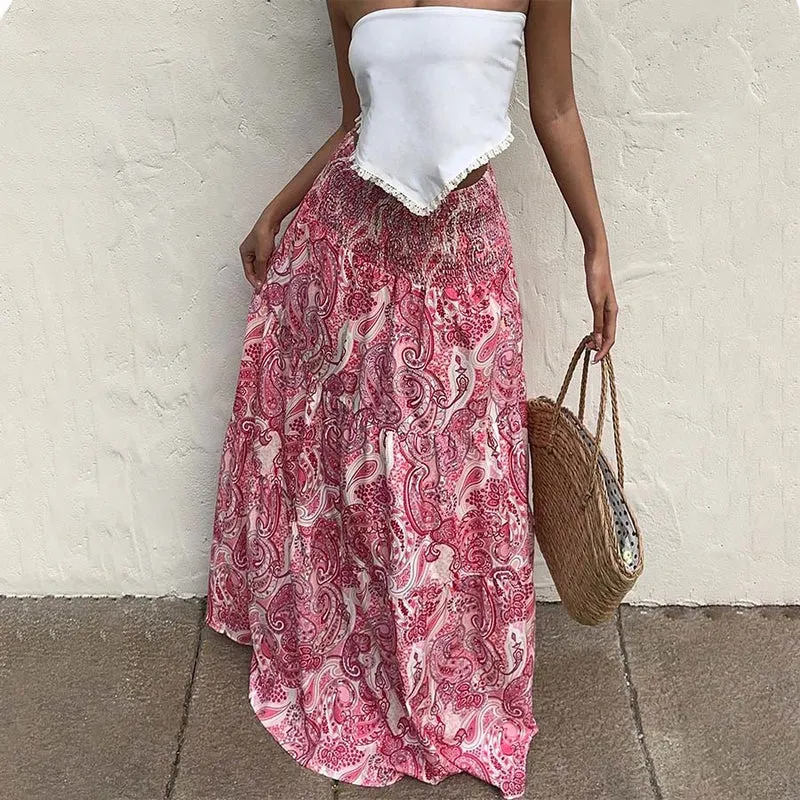 Olivenorma Resort Paisley Print High Waist Tiered Maxi Damenkleid
